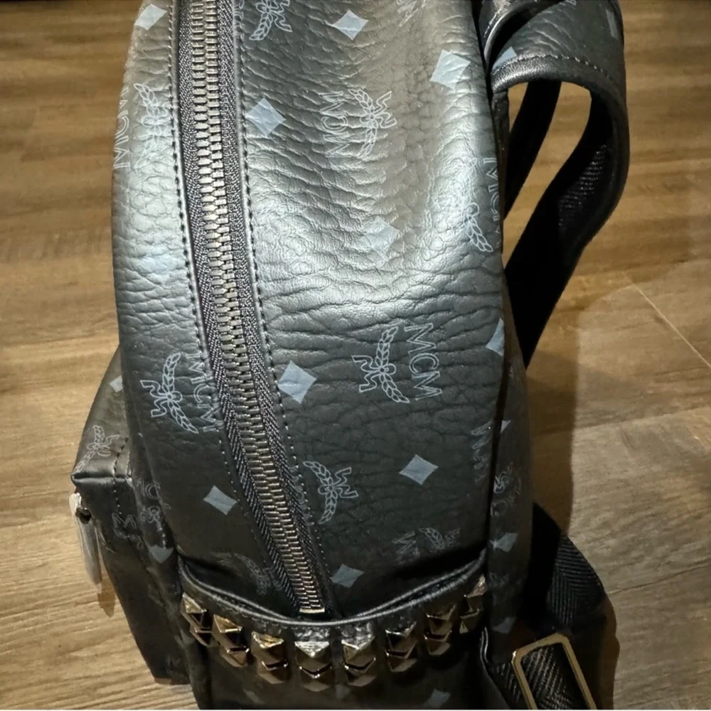MCM Stark Monogram Logo Black Visetos Canvas Leather Small Studded Backpack